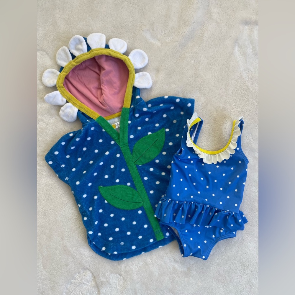 Baby Boden Swimsuit with Matching Towel (Blue with White Polkadots and Flower)